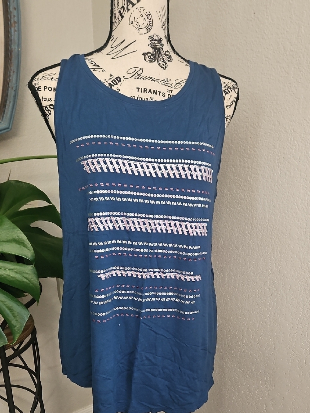 Apt. 9 Blue Sleeveless Tank with Pink & Silver Embellished Stripes